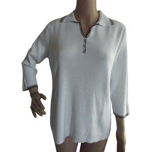 Karen Scott Medium White Red Black Ribbed V-Neck Henley Sweater nautical collar